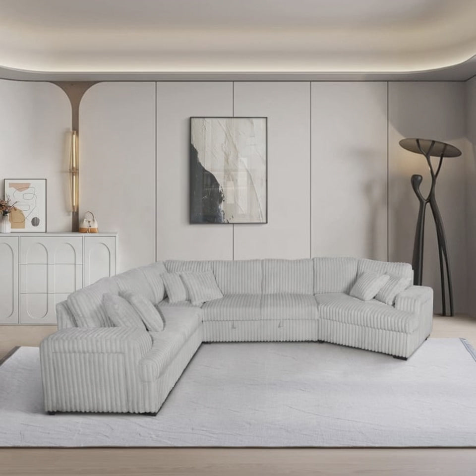 4-Piece Silver Corduroy Sectional Sofa with Cuddler Chaise, Pop-Up Sleeper, USB Ports & Cup Holders - 8242