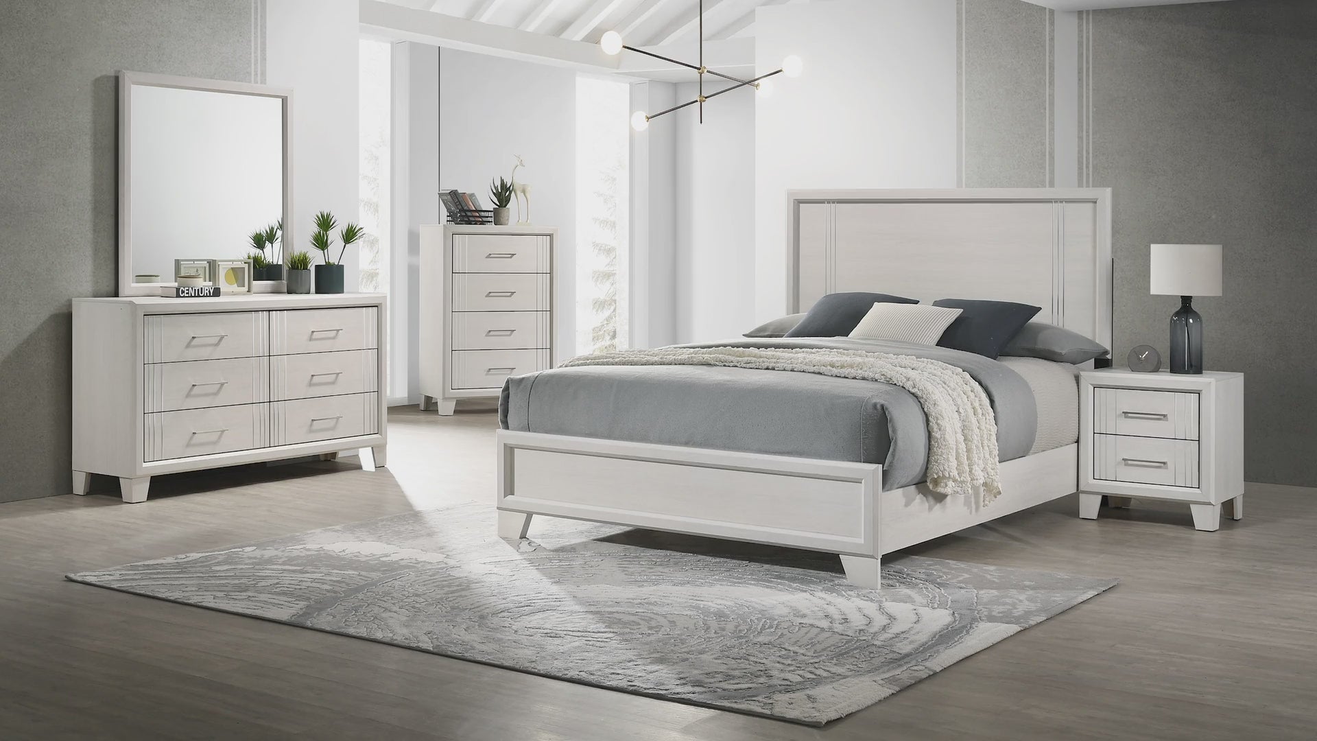 Crown mark B9230 4 pc Charlie rich lusterous off white finish wood silver metal accents finish modern style queen bedroom set