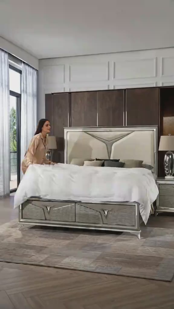 Casa Blanca Sunset Champagne Gold Wood Finish Fabric Headboard LED Lighting Queen Bedroom Set – Sunset-4PC