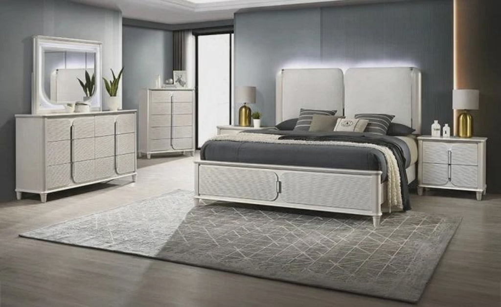 Acme Laveda Pearl White Wood & Fabric Padded LED Lighting Headboard Queen Bedroom Set – Bed, Nightstand, Dresser & Mirror – BD03792Q-4PC