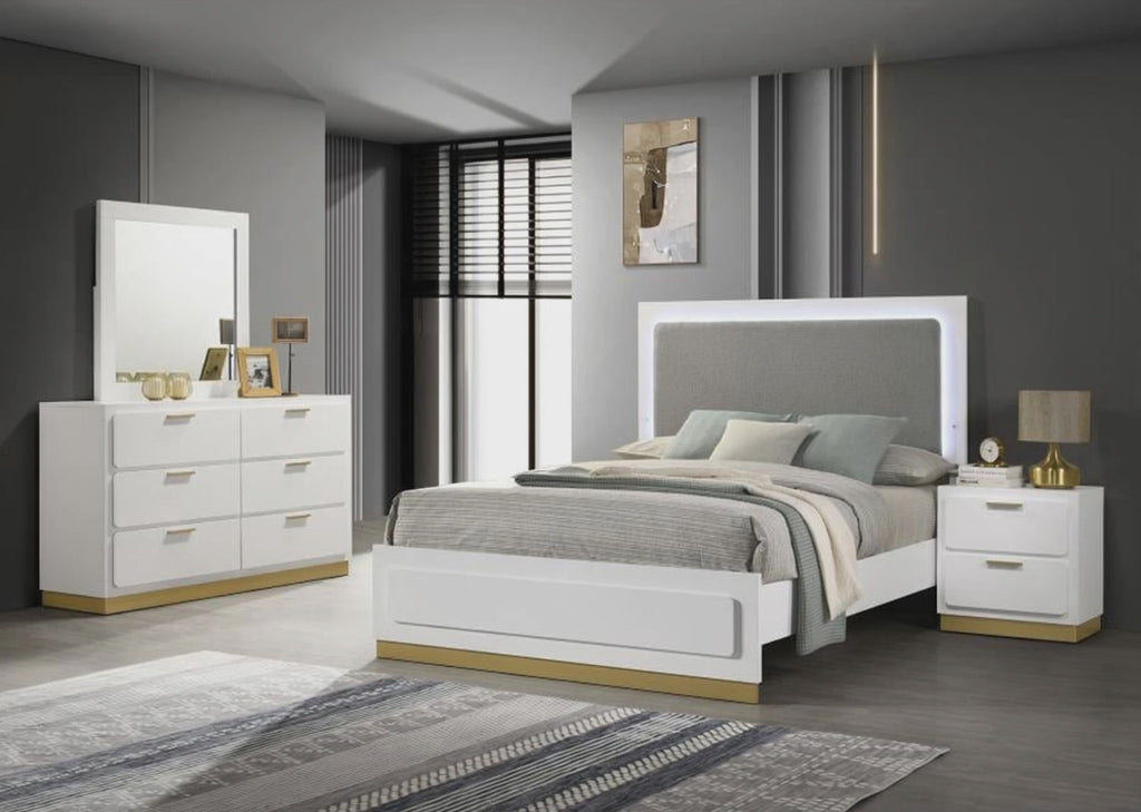 Caraway White Finish Wood 4-Piece Queen Bedroom Set Light Grey Fabric Headboard LED Lighting Gold Metallic Accents – 224771Q-S4
