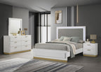 Caraway White Finish Wood 4-Piece Queen Bedroom Set Light Grey Fabric Headboard LED Lighting Gold Metallic Accents – 224771Q-S4
