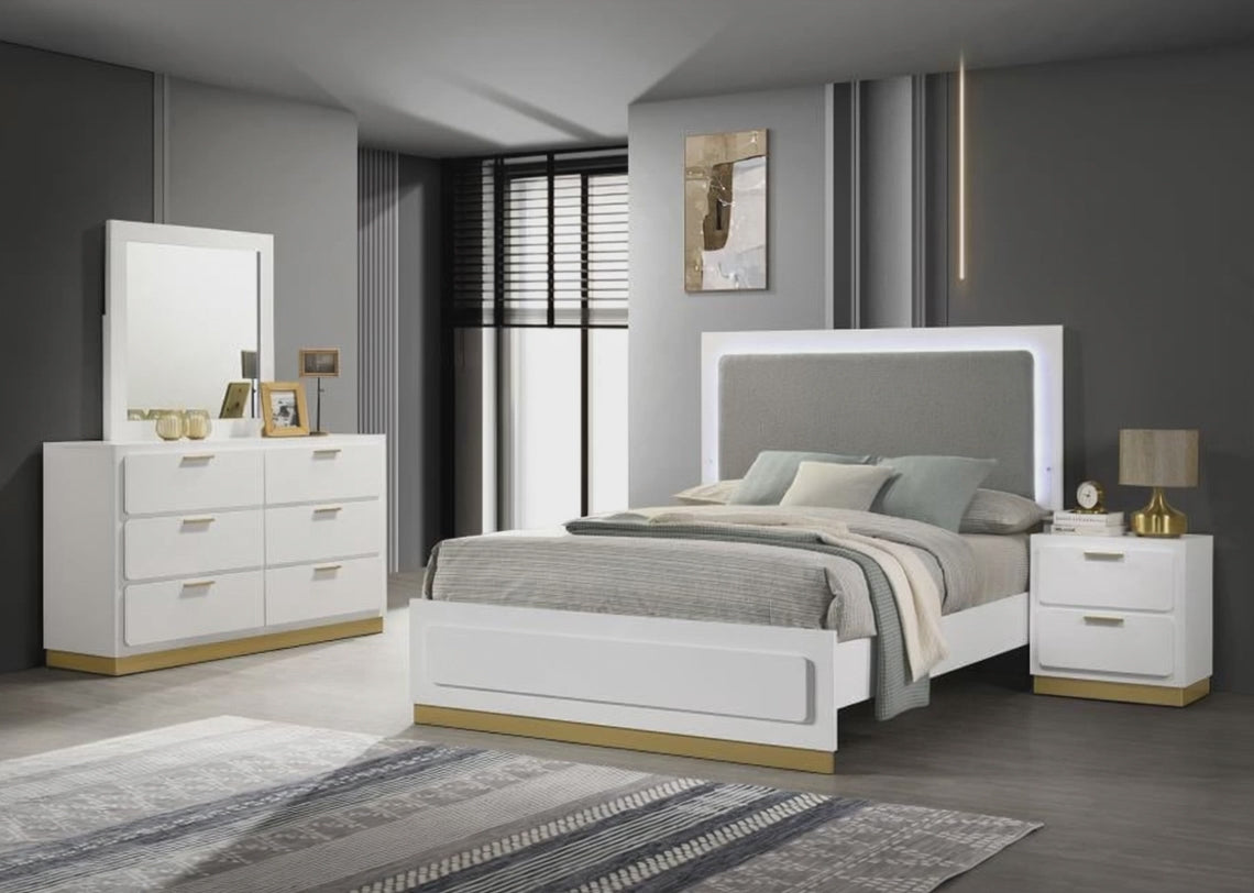 Caraway White Finish Wood 4-Piece Queen Bedroom Set Light Grey Fabric Headboard LED Lighting Gold Metallic Accents – 224771Q-S4