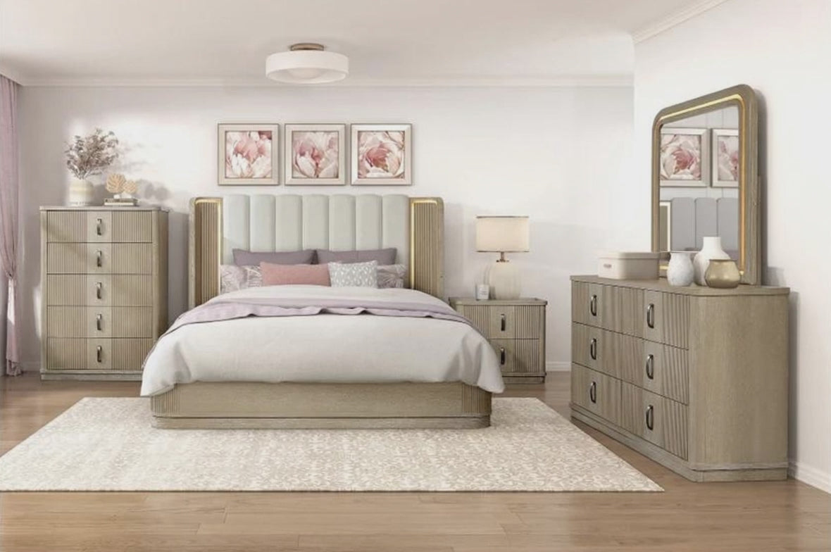 Ribbon Light Brown Oak Queen Bedroom Set with LED Accent Lighting – 2500-4PC