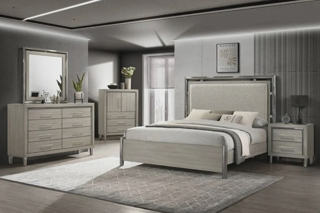 Lennox Light Grey Finish Wood 4-Piece Queen Bedroom Set with Fabric Headboard & Silver Trimmed Accents – 00-1248-4PC