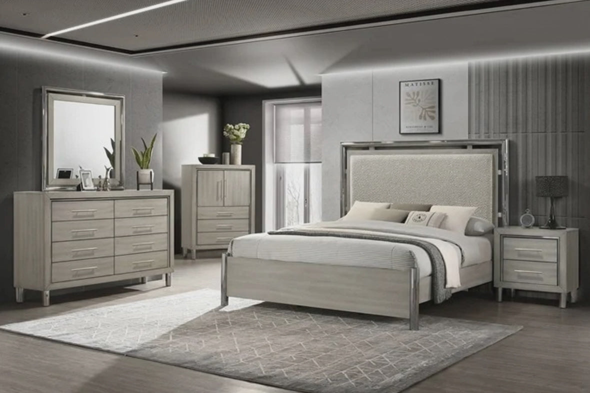 Lennox Light Grey Finish Wood 4-Piece Queen Bedroom Set with Fabric Headboard & Silver Trimmed Accents – 00-1248-4PC