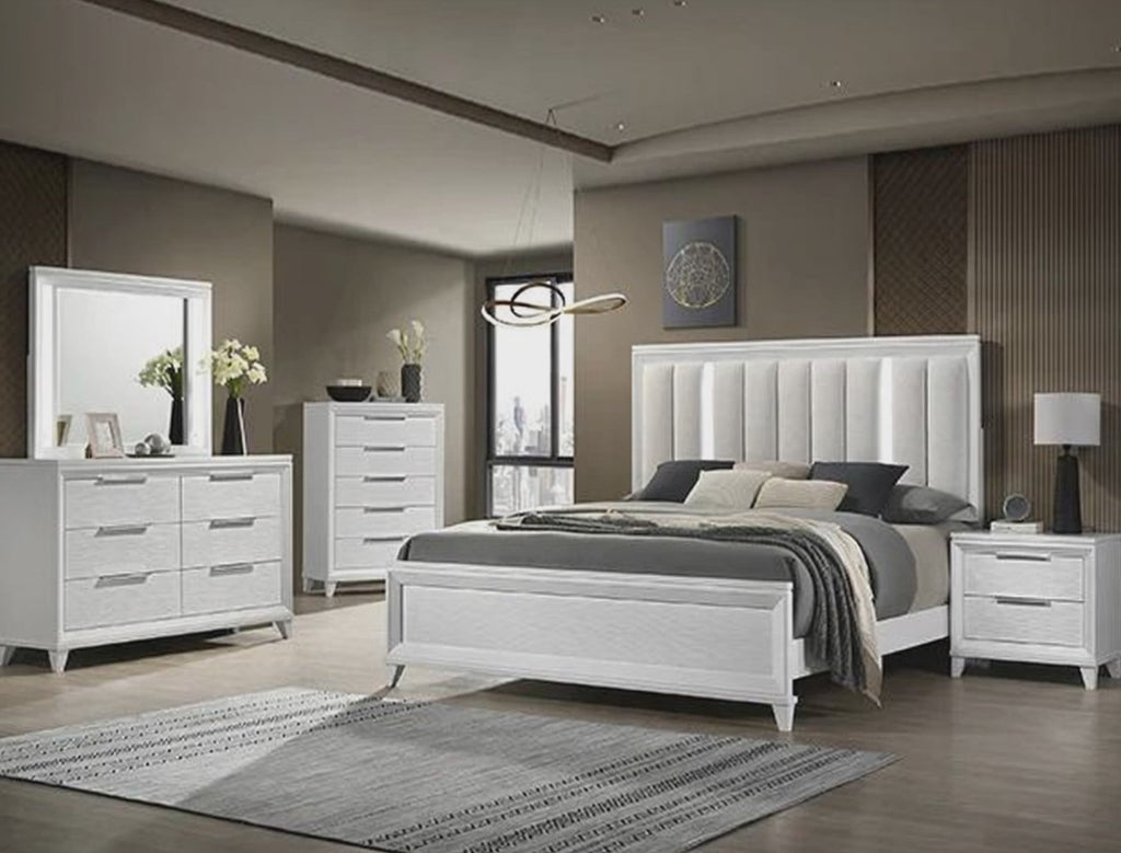 Cressida 4-Piece White Wood Silver Trim LED Boucle Tufted Queen Bedroom Set – B7300