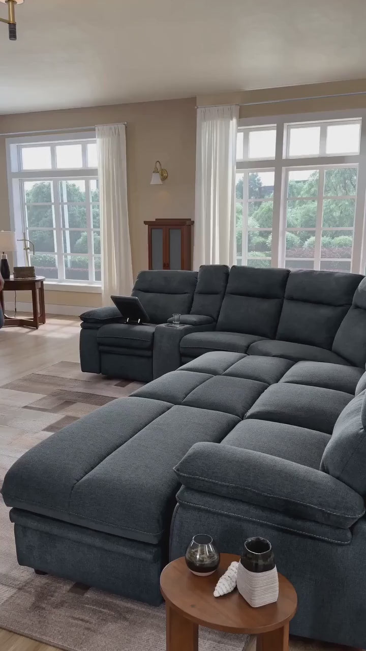 3-Piece Grey Chenille Fabric Power Recliner Sectional Sofa with Sleeper, Storage Chaise & Console – 8317