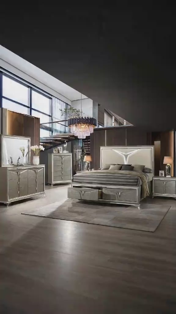 Casa Blanca Sunset Champagne Gold Wood Finish Fabric Headboard LED Lighting Queen Bedroom Set – Sunset-4PC
