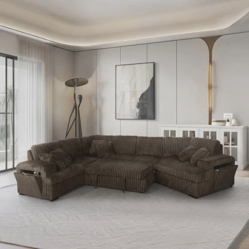 4-Piece Chocolate Corduroy Sectional Sofa with Cuddler Chaise, Pop-Up Sleeper, USB Ports & Cup Holders - 8241