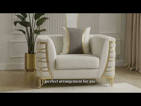 2 pc Contessa beige fabric upholstered sunburst pattern arms gold trim accents sofa and love seat set