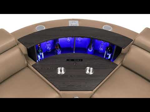 7 pc Nova caramel faux leather power motion sectional sofa with pop up bar refrigerator bluetooth and LED