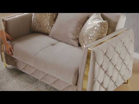 2 pc Lippa Taupe fabric upholstered tufted arms gold trim accents sofa and love seat set with sleeper and storage