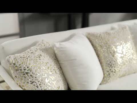 2 pc Lippa Off White fabric upholstered tufted arms gold trim accents sofa and love seat set with sleeper and storage