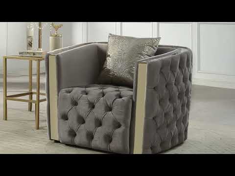 2 pc Naomi taupe fabric tufted upholstered rounded backs gold trim accents sofa and love seat set