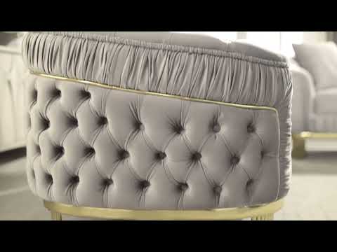 2 pc Vanessa taupe fabric tufted upholstered rounded backs gold trim accents sofa and love seat set