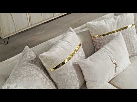 2 pc Bona beige fabric upholstered rounded arm gold trim accents ribbed accents sofa and love seat set