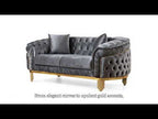 2 pc Vanessa gray fabric tufted upholstered rounded backs gold trim accents sofa and love seat set