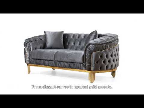 2 pc Vanessa gray fabric tufted upholstered rounded backs gold trim accents sofa and love seat set