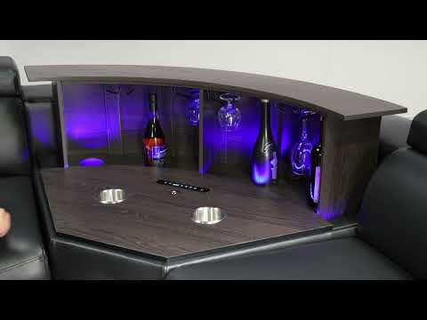 7 pc Nova black faux leather power motion sectional sofa with pop up bar refrigerator bluetooth and LED