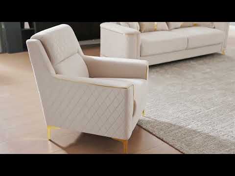 2 pc Lisa beige diamond pattern fabric upholstered rounded arms gold trim accents sofa and love seat set with sleeper and storage