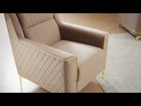 2 pc Lisa brown diamond pattern fabric upholstered rounded arms gold trim accents sofa and love seat set with sleeper and storage