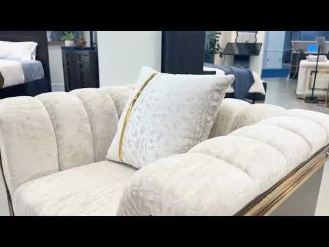 2 pc Chateau beige textured fabric upholstered paneled arms gold trim accents sofa and love seat set