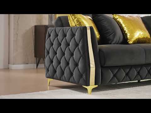 2 pc Lippa black fabric upholstered tufted arms gold trim accents sofa and love seat set with sleeper and storage