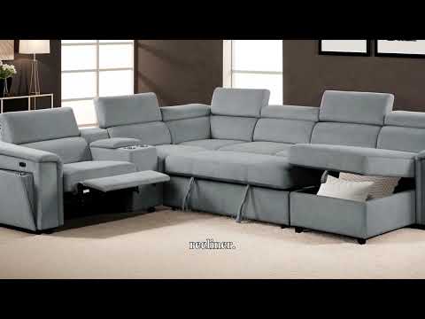6 pc Harvey grey fabric power motion sectional sofa with usb charging storage arm sleeper and storage chaise