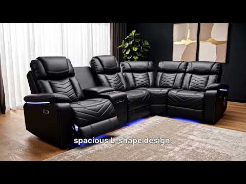 3 pc Challenger black faux leather power motion sectional sofa with LED , USB charging, cup holders Bluetooth speakers