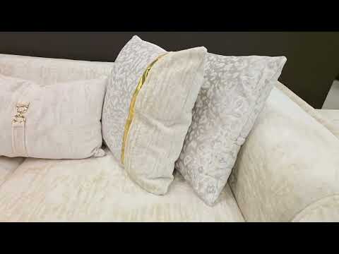 2 pc Bona beige fabric upholstered rounded arm gold trim accents ribbed accents sofa and love seat set