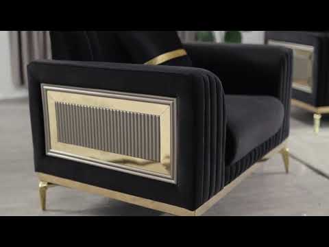 2 pc Antigua black fabric upholstered geometric pattern arms gold trim accents sofa and love seat set