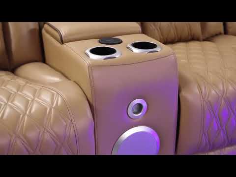 3 pc Fortuner caramel faux leather power motion sectional sofa with massagers and LED , Wireless charging, cup holders Bluetooth speakers
