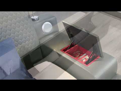 Zoya grey faux leather modern Queen bed with reading lights massage lounge and bluetooth speakers