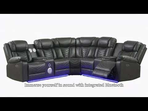 3 pc Challenger grey faux leather power motion sectional sofa with LED , USB charging, cup holders Bluetooth speakers