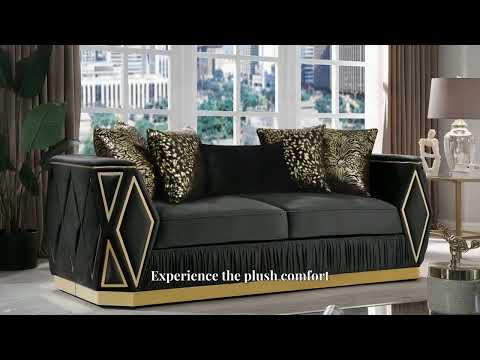 2 pc Cavalli black fabric upholstered diamond pattern arms gold trim accents sofa and love seat set