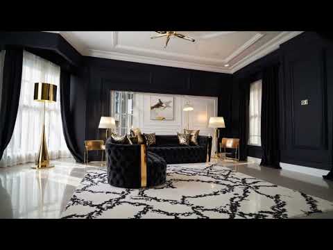 2 pc Naomi black fabric tufted upholstered rounded backs gold trim accents sofa and love seat set