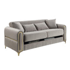 2 pc Ruby taupe fabric upholstered rounded arms gold trim accents sofa and love seat set with sleeper and storage