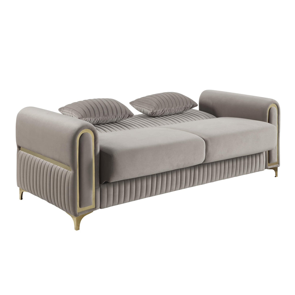 2 pc Ruby taupe fabric upholstered rounded arms gold trim accents sofa and love seat set with sleeper and storage