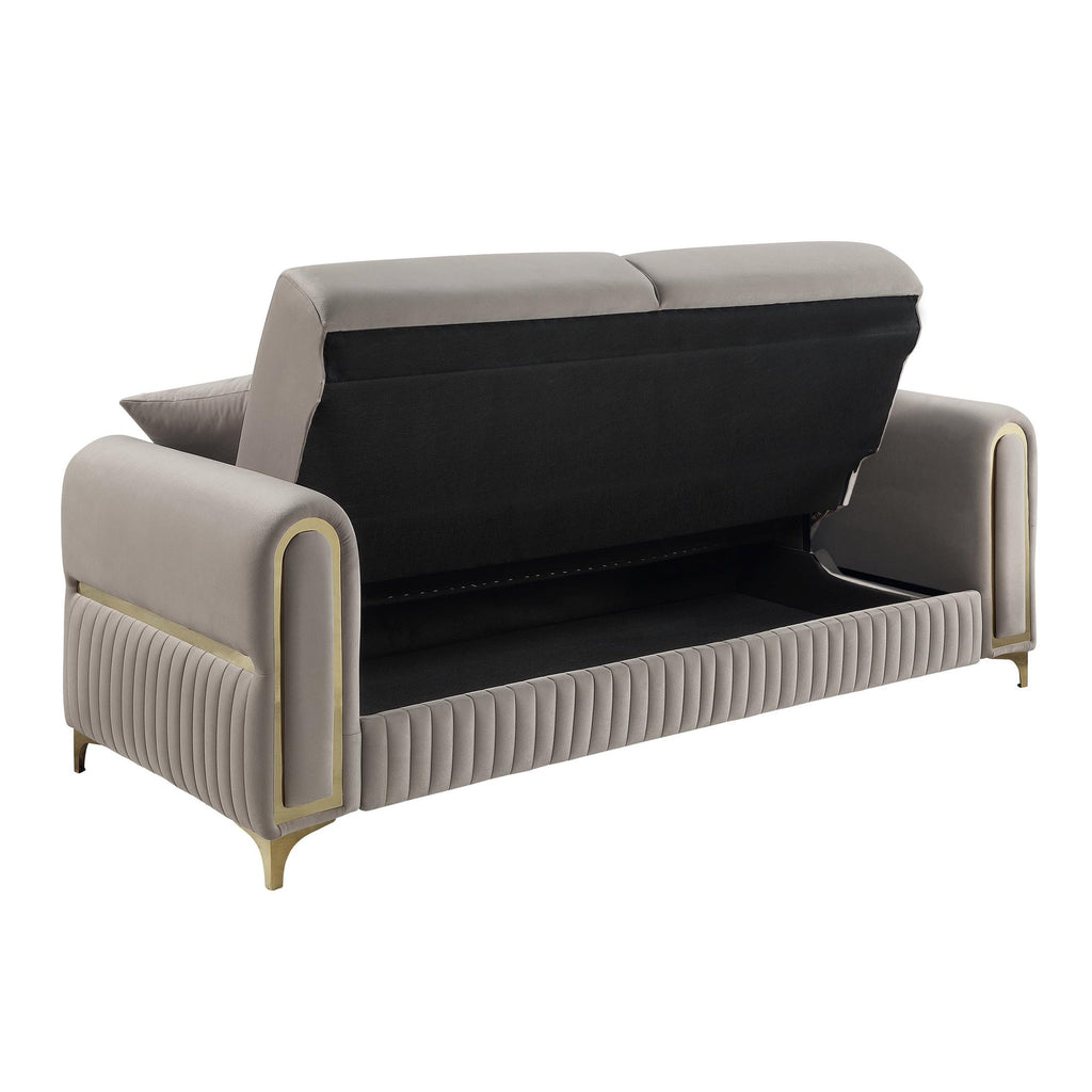 2 pc Ruby taupe fabric upholstered rounded arms gold trim accents sofa and love seat set with sleeper and storage