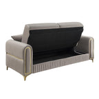 2 pc Ruby taupe fabric upholstered rounded arms gold trim accents sofa and love seat set with sleeper and storage