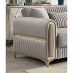 2 pc Ruby taupe fabric upholstered rounded arms gold trim accents sofa and love seat set with sleeper and storage