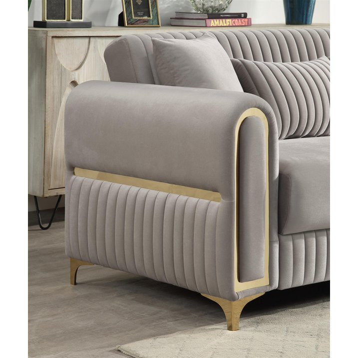 2 pc Ruby taupe fabric upholstered rounded arms gold trim accents sofa and love seat set with sleeper and storage