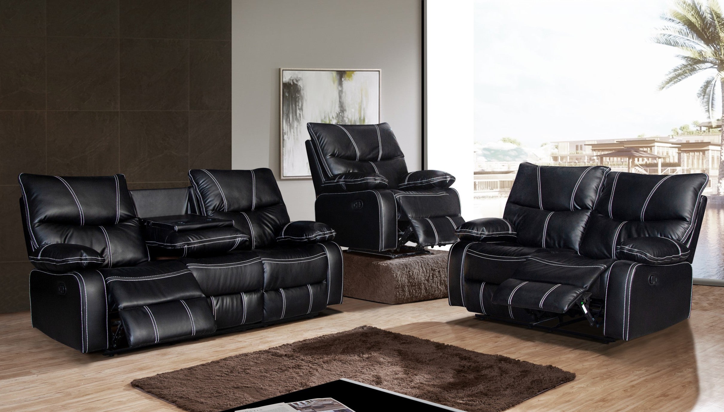 Mc-Ferran SF1010-2PC 2 pc townsend black premium leather air reclining sofa and love seat set drop down table back on sofa