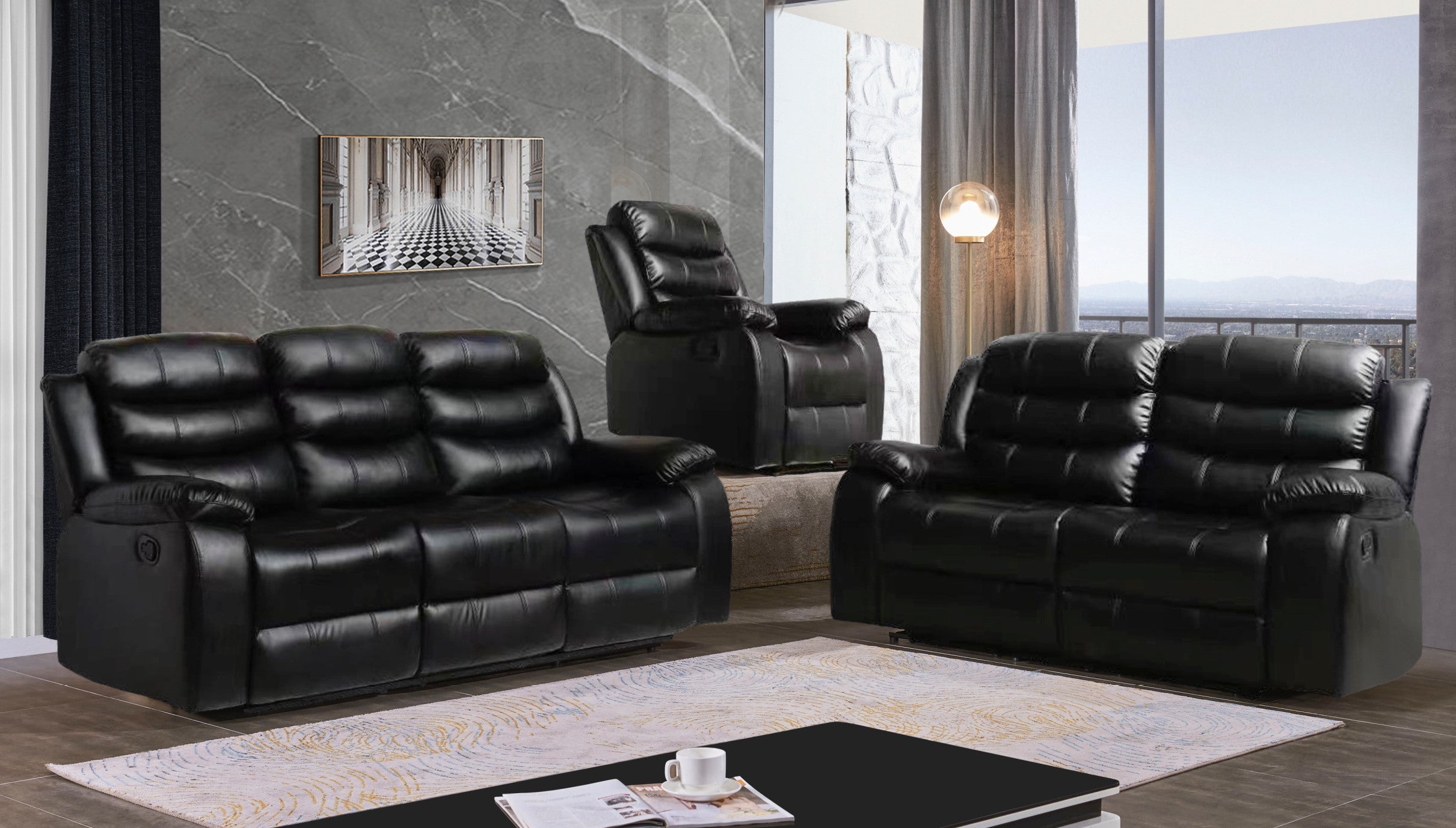 Mc-Ferran SF8005-3PC 3 pc townsend black premium leather air reclining sofa , love seat and chair set drop down table back on sofa