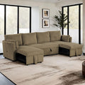 SL64002BR-SECT 3 pc Denholme brown faux fur wide corduroy fabric sofa set with double chaise pop up and pop up sleep area USB charging