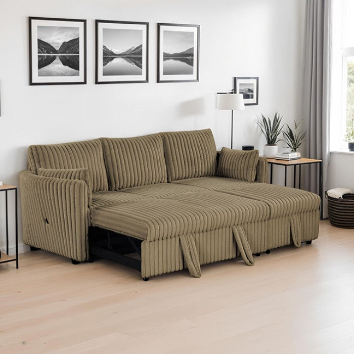 SL64002BR-SF 2 pc Denholme brown faux fur wide corduroy fabric sofa set with pop up chaise and pop up sleep area USB charging
