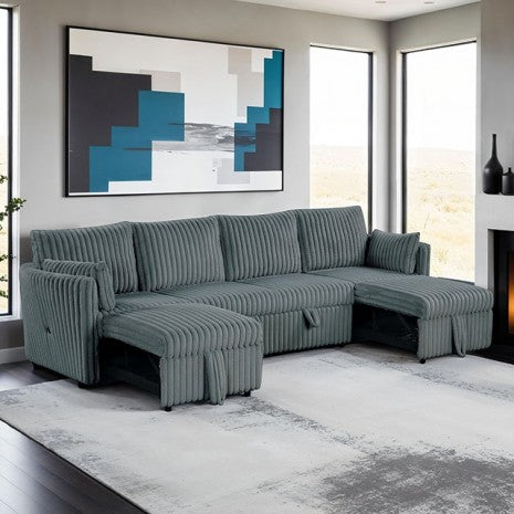SL64002DG-SECT 3 pc Denholme dark grey faux fur wide corduroy fabric sofa set with double chaise pop up and pop up sleep area USB charging