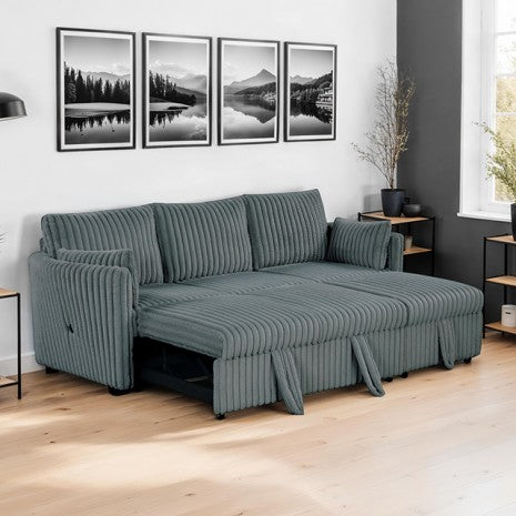 SL64002DG-SF 2 pc Denholme dark grey faux fur wide corduroy fabric sofa set with pop up chaise and pop up sleep area USB charging