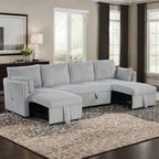 SL64002GY-SECT 3 pc Denholme light grey faux fur wide corduroy fabric sofa set with double chaise pop up and pop up sleep area USB charging